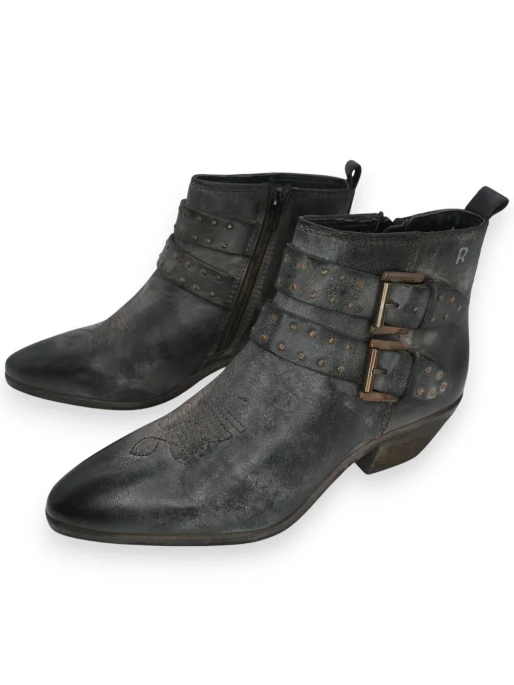Roan by Bed Stu Ville Short Ankle Boot Black Gray Western Bootie Buckles 9M